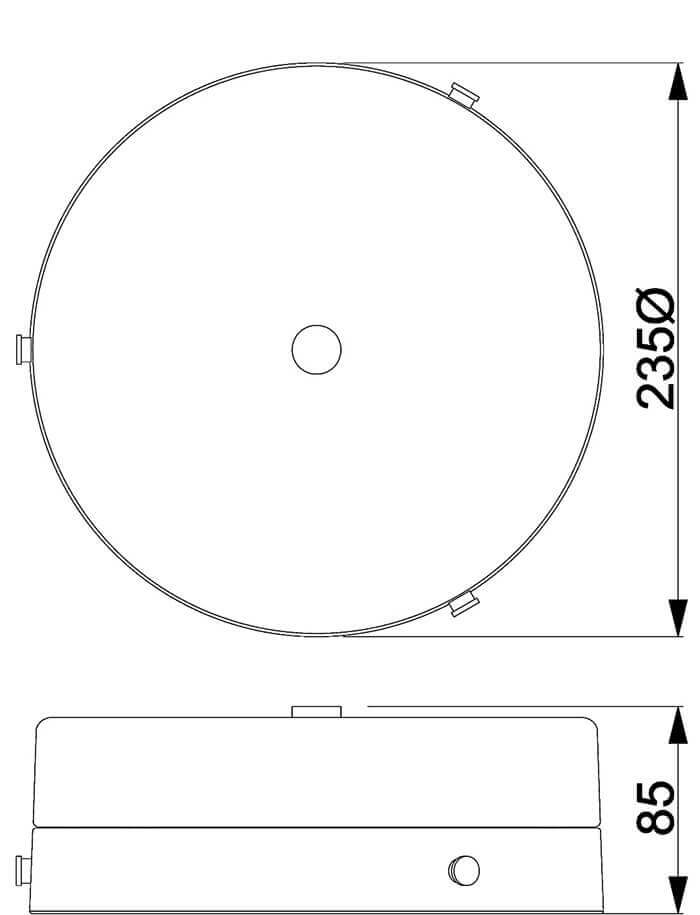 Schéma coté du plafonnier vu de dessus et de profil, diamètre 235 mm