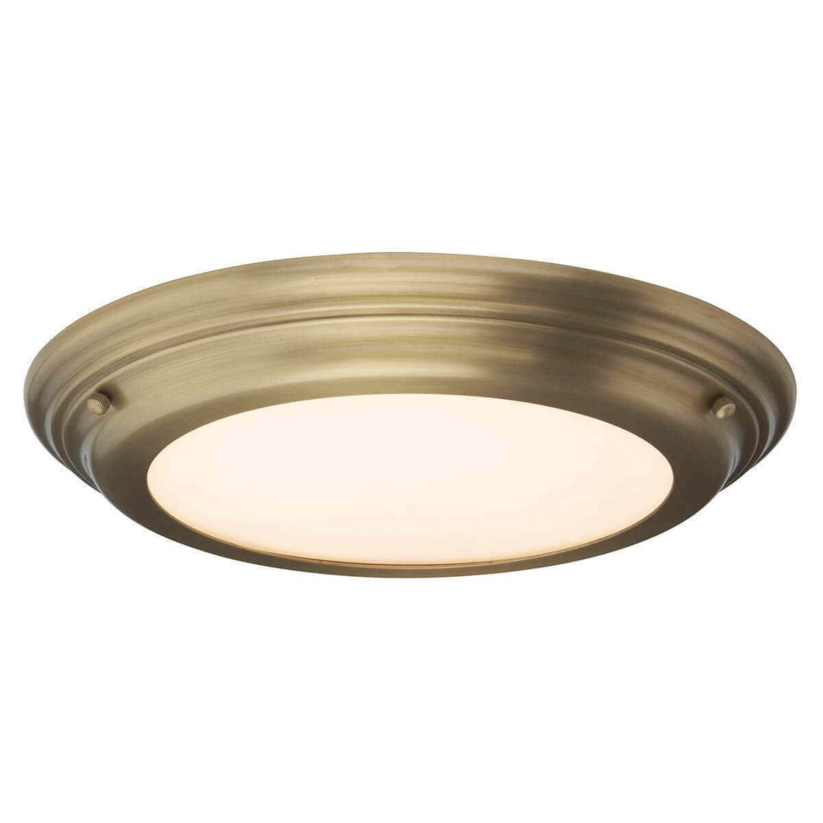Vue de face du plafonnier rond en laiton vieilli avec diffuseur blanc.