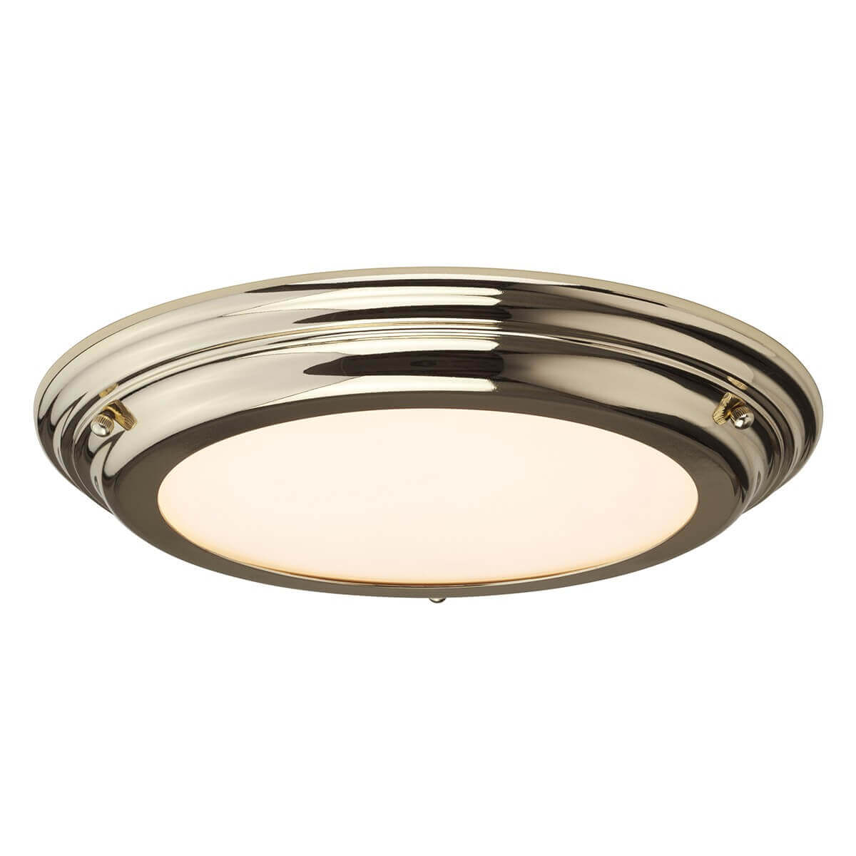 Vue de face du plafonnier rond en laiton poli avec diffuseur en verre opalin.