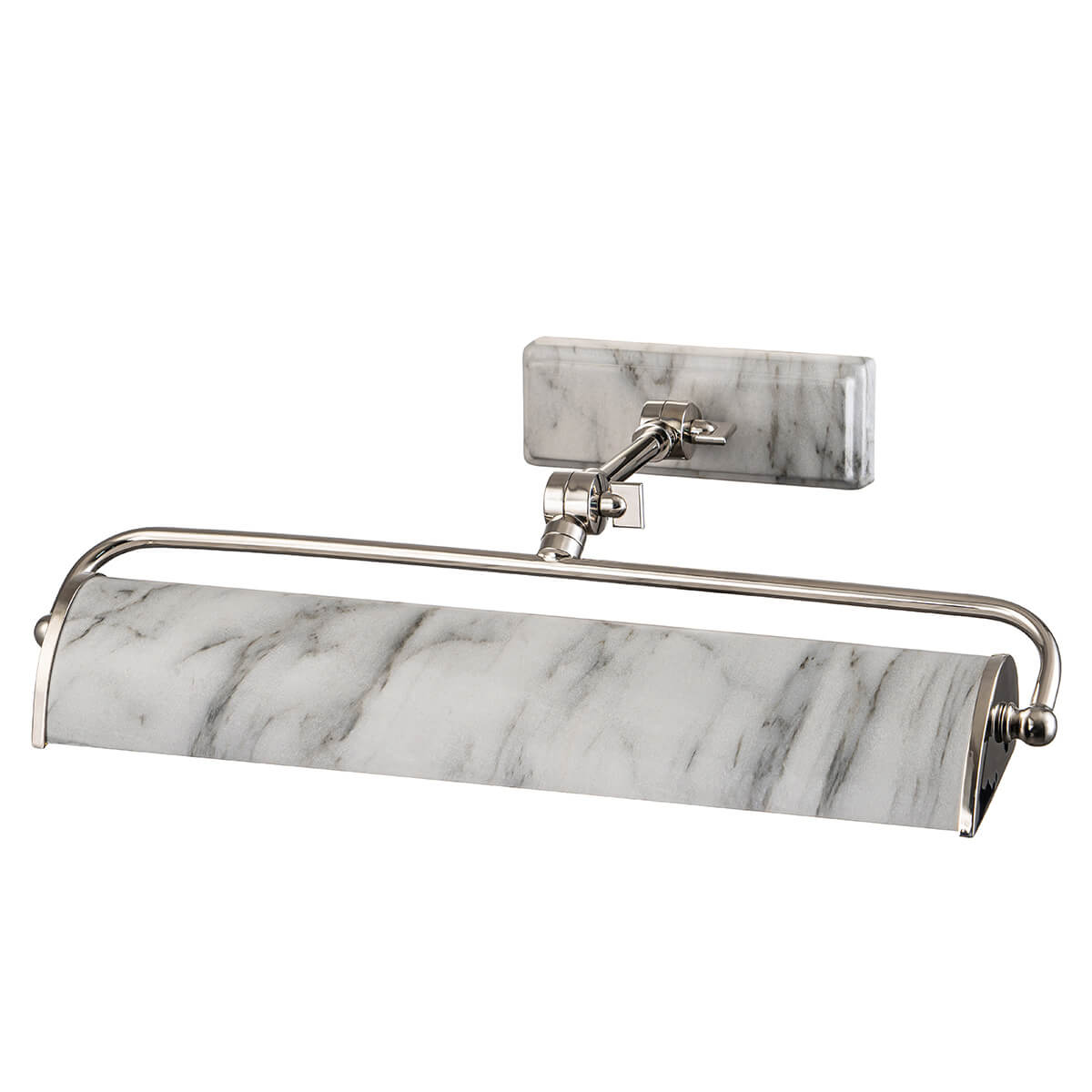 Applique murale en nickel poli avec long bandeau cylindrique effet marbre blanc et gris.