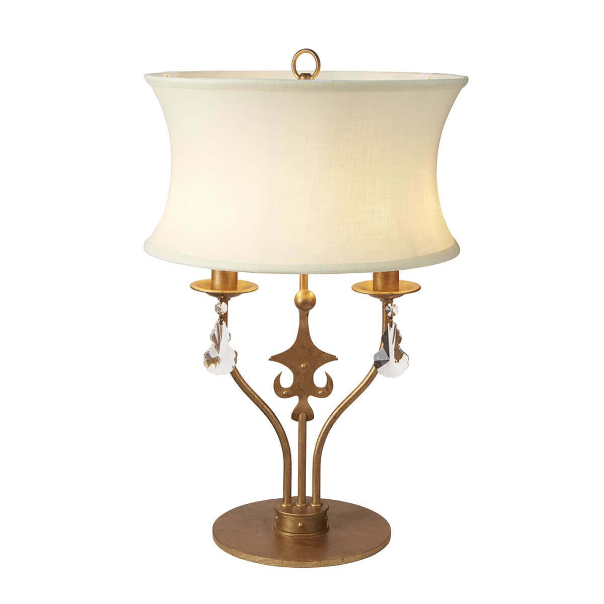 Lampe à poser dorée avec abat-jour crème, deux bras et pampilles en cristal