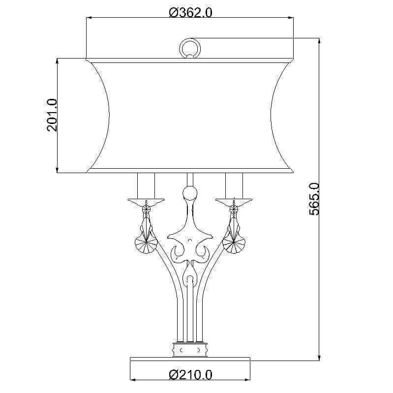 Schéma coté du luminaire avec dimensions de l'abat-jour et de la base