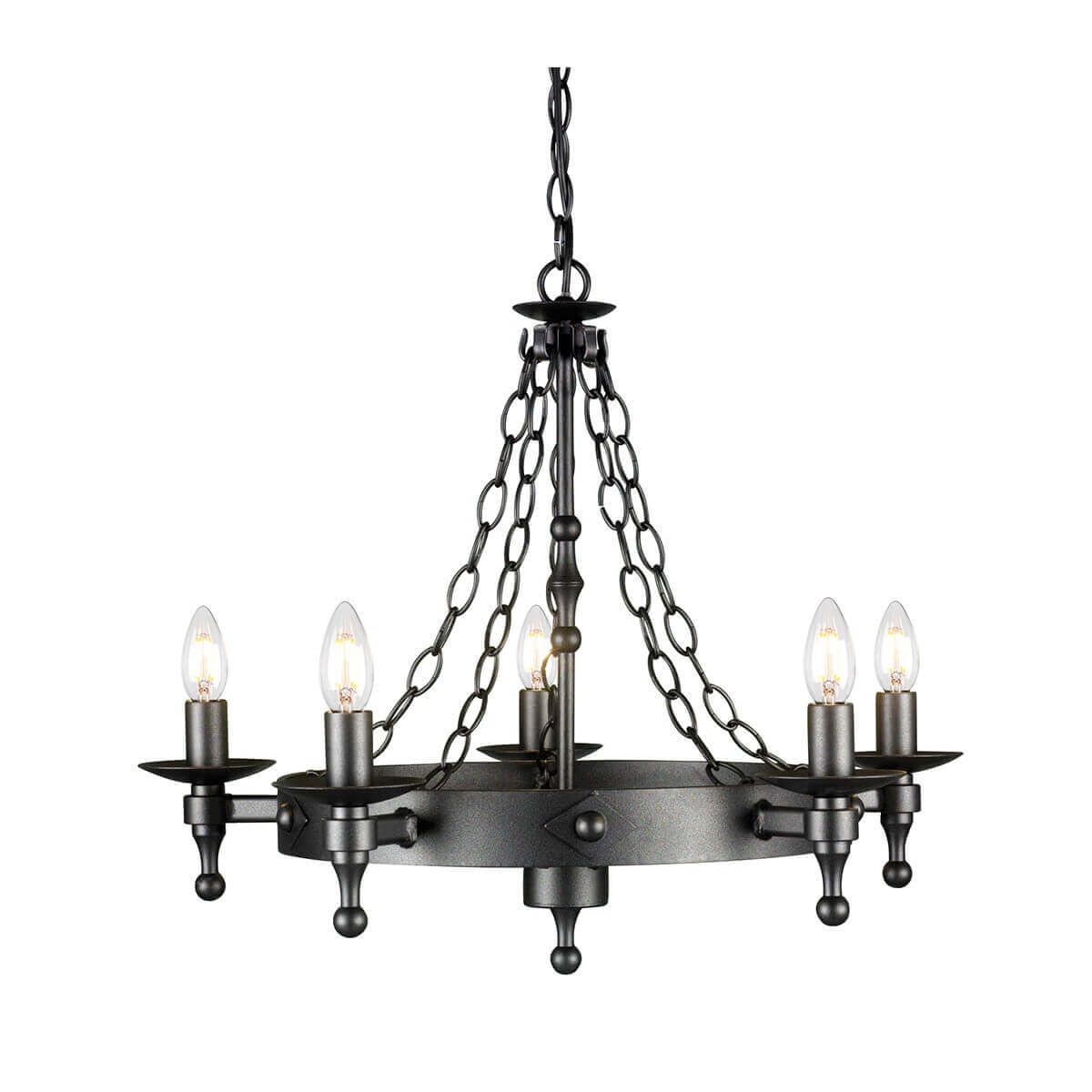Lustre cinq lumières en métal anthracite et noir, suspendu par une chaîne.