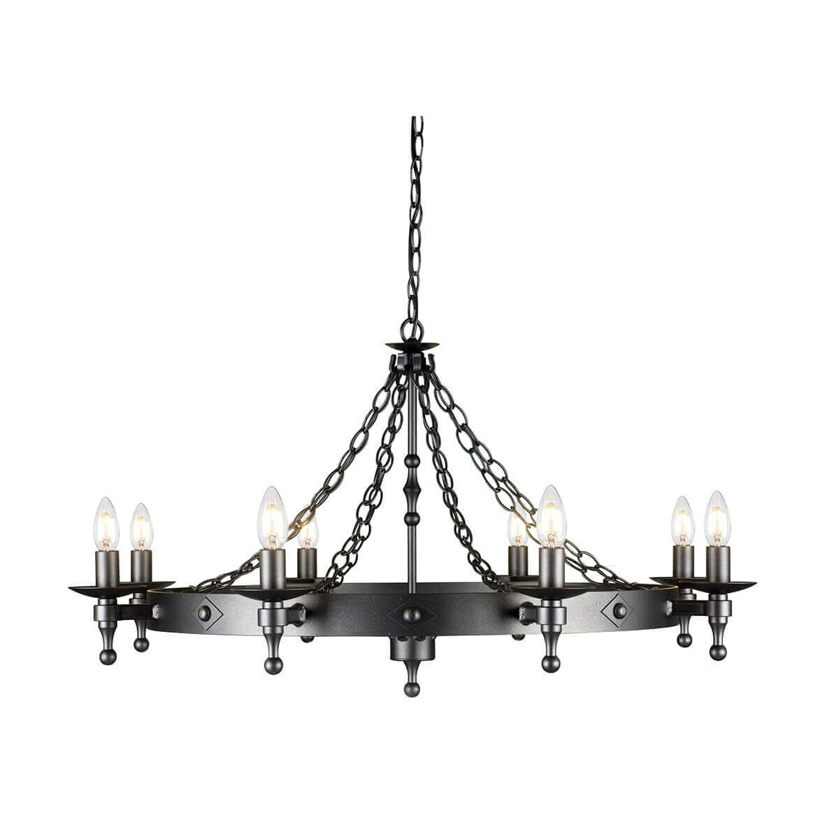 Lustre rond anthracite à huit lumières, suspendu par chaîne, vue de face