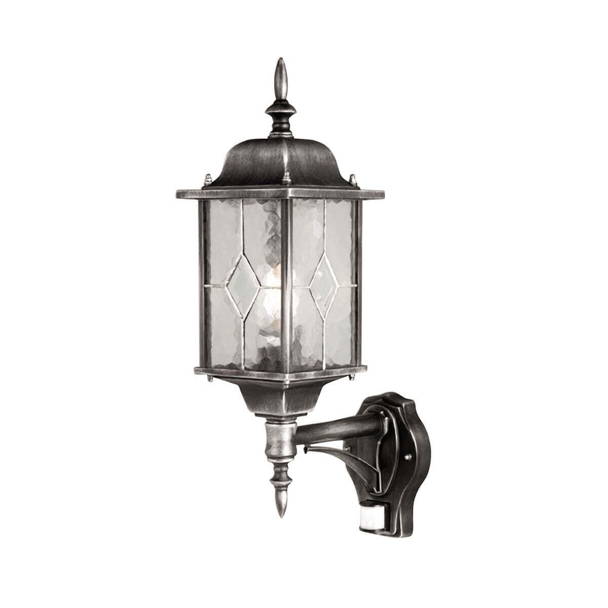 Vue de face du luminaire complet sur fond blanc, applique murale en métal noir