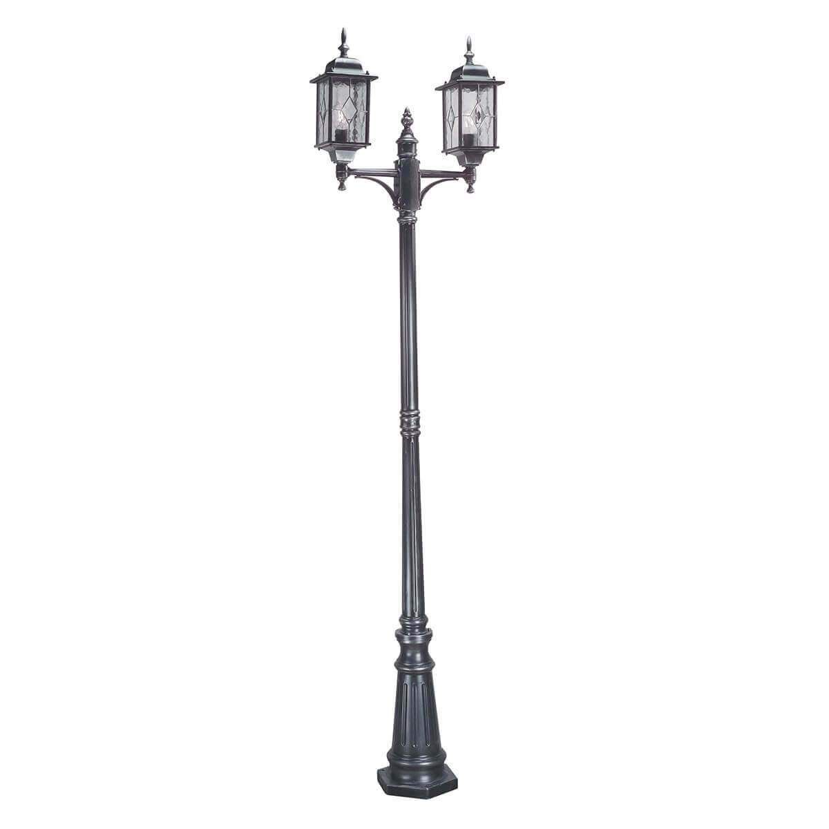 Lampadaire extérieur à deux lanternes vu de face, structure noire et argentée