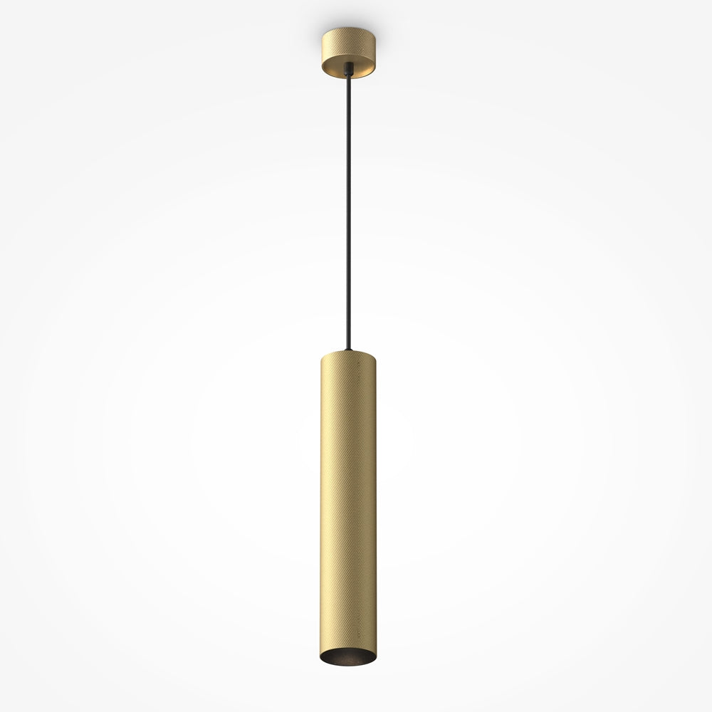 Suspension dorée cylindrique vue de face sur fond blanc, câble noir et rosace