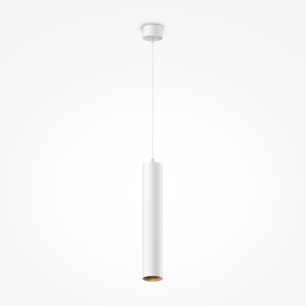 Luminaire suspendu blanc de face, long tube vertical sur fond clair