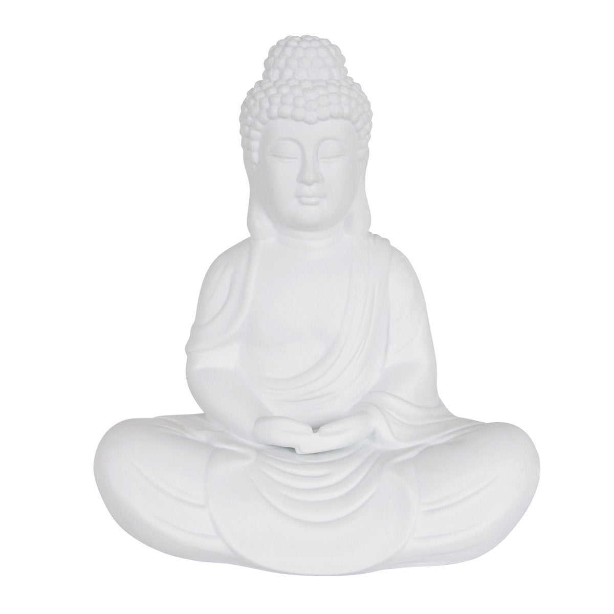 Statue de Bouddha en méditation, cadrage légèrement différent, fond blanc neutre