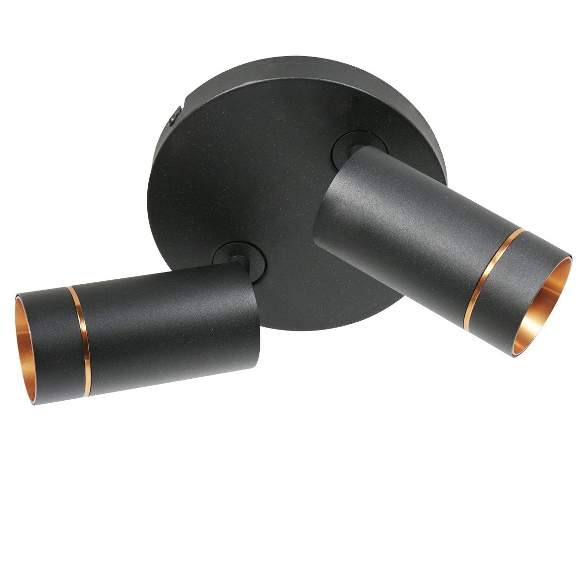 Vue de trois quarts d'un spot plafond double noir, têtes cylindriques orientables et intérieur cuivré.