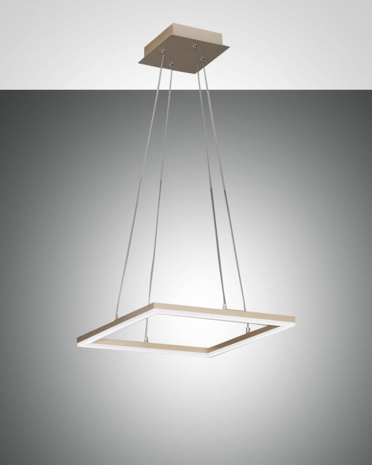 Suspension carrée dorée sur fond gris, cadre fin et diffuseur blanc lumineux