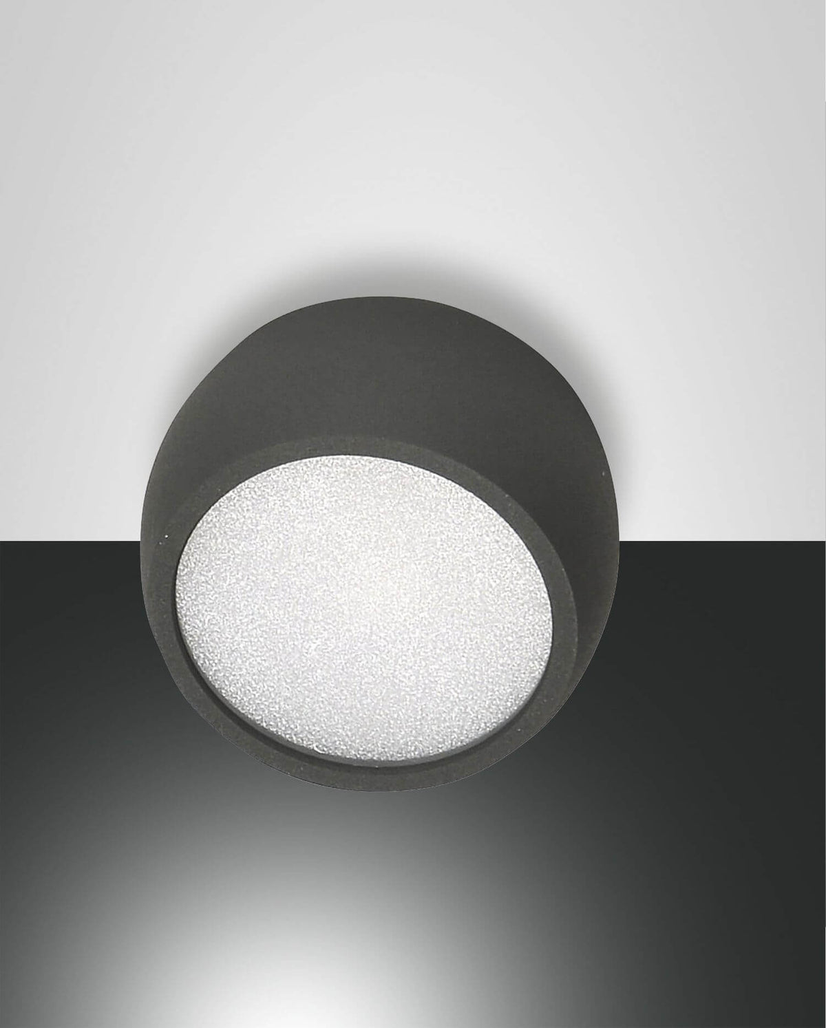 Spot rond anthracite en gros plan, face inférieure diffusante allumée sur fond sombre.