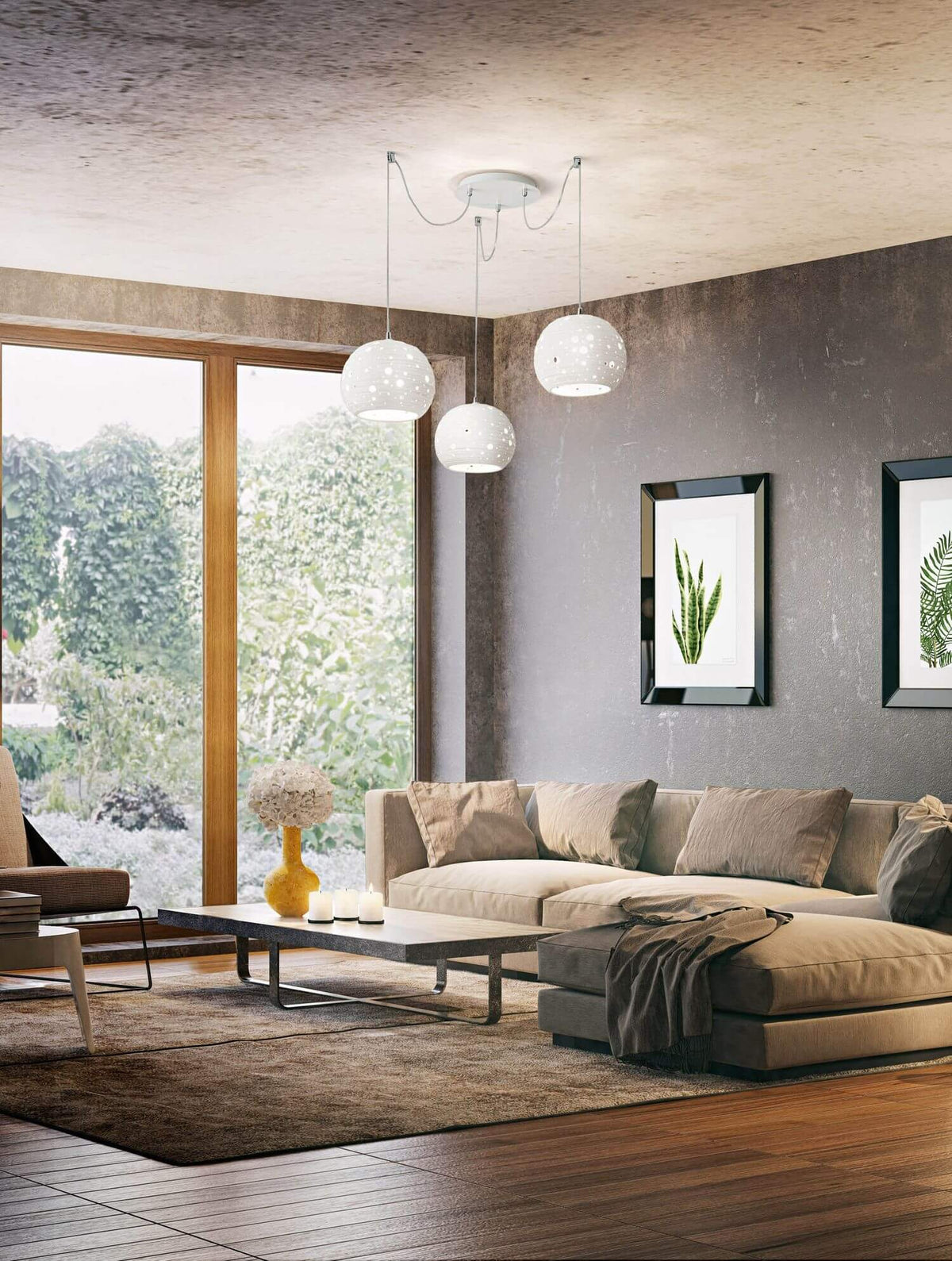 Mise en ambiance du luminaire dans un salon moderne près d'une baie vitrée