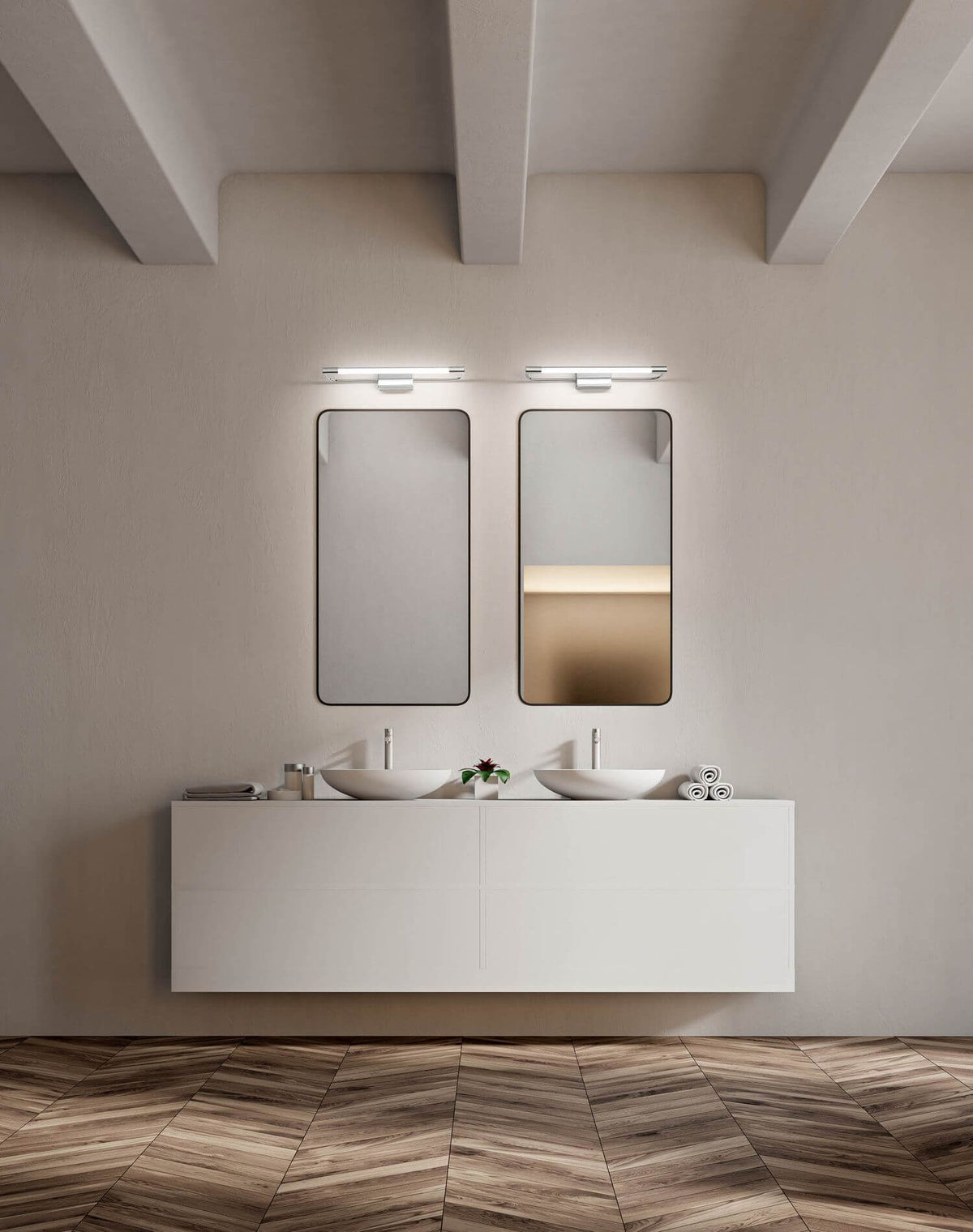 Mise en ambiance salle de bain, deux appliques au-dessus de miroirs et vasques blanches