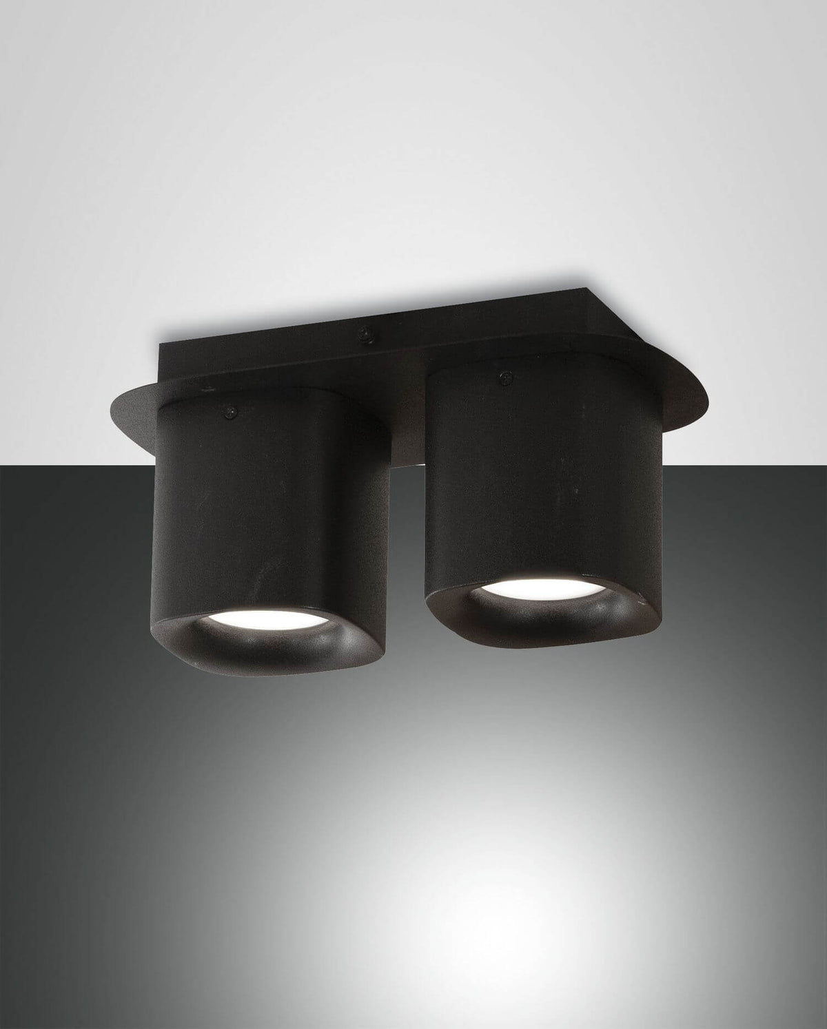 Spot double noir allumé de face sur fond gris, montrant deux cylindres orientables.