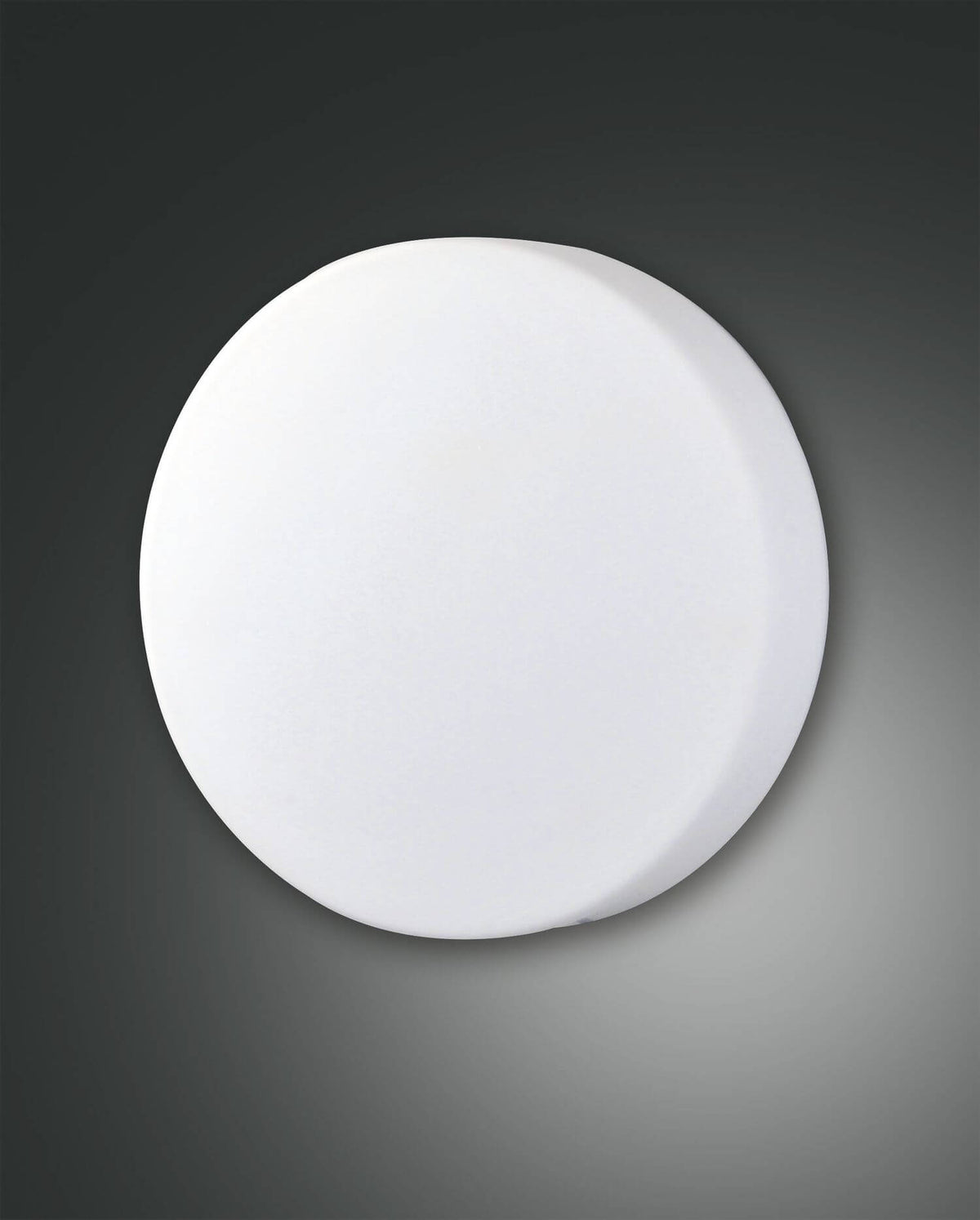 Vue de face du plafonnier rond blanc sur fond sombre, sans fixations visibles