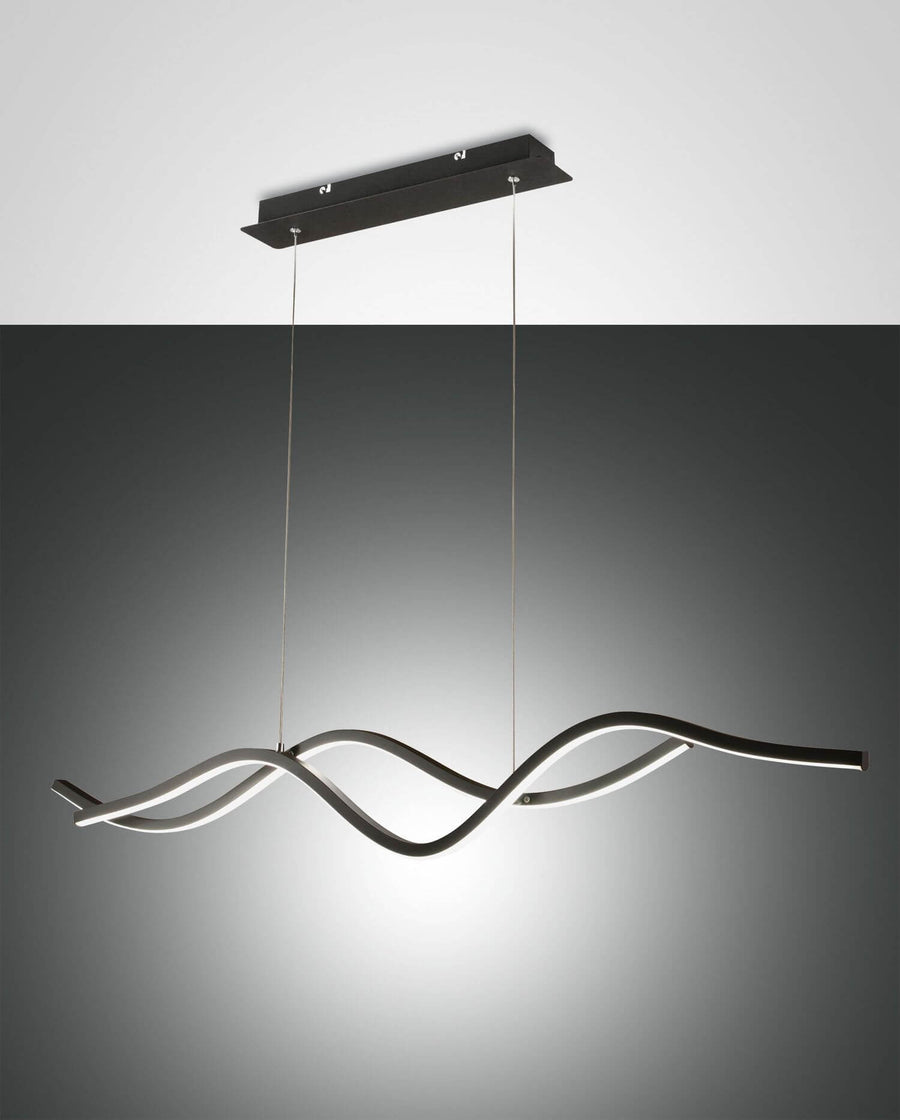 Produit de face sur fond gris, suspension noire ondulée avec câbles et base.