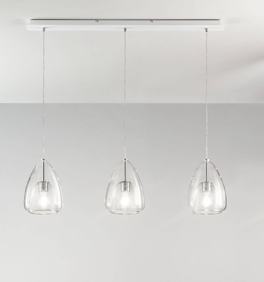 Même luminaire sur fond blanc, montrant la barre de fixation et les câbles