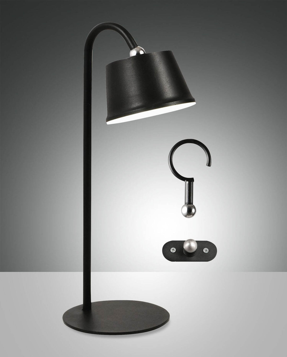 Lampe noire sur support cintré, avec crochet et platine murale en accessoires