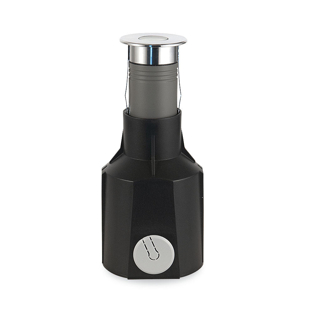 Vue de face du luminaire cylindrique noir et inox avec capot supérieur.