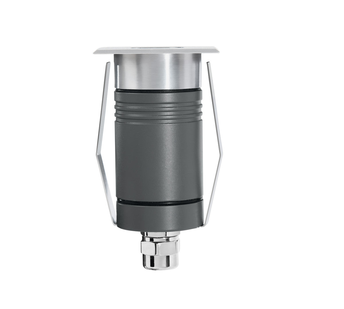 Vue isolée du produit avec corps cylindrique, ressorts de fixation et presse-étoupe métallique.