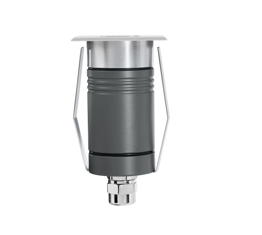 Vue isolée du produit avec corps cylindrique, ressorts de fixation et presse-étoupe métallique.
