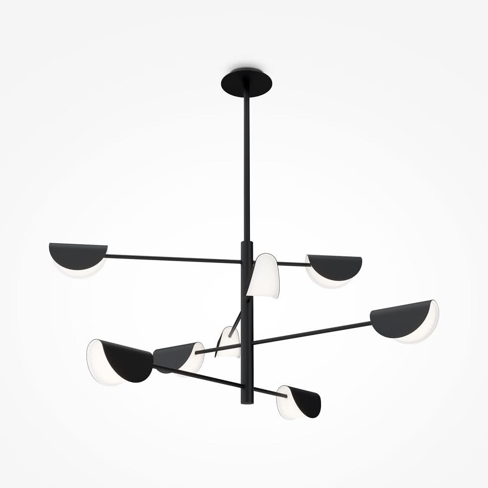 Vue de face du luminaire suspendu noir à six bras et coupelles opalines.