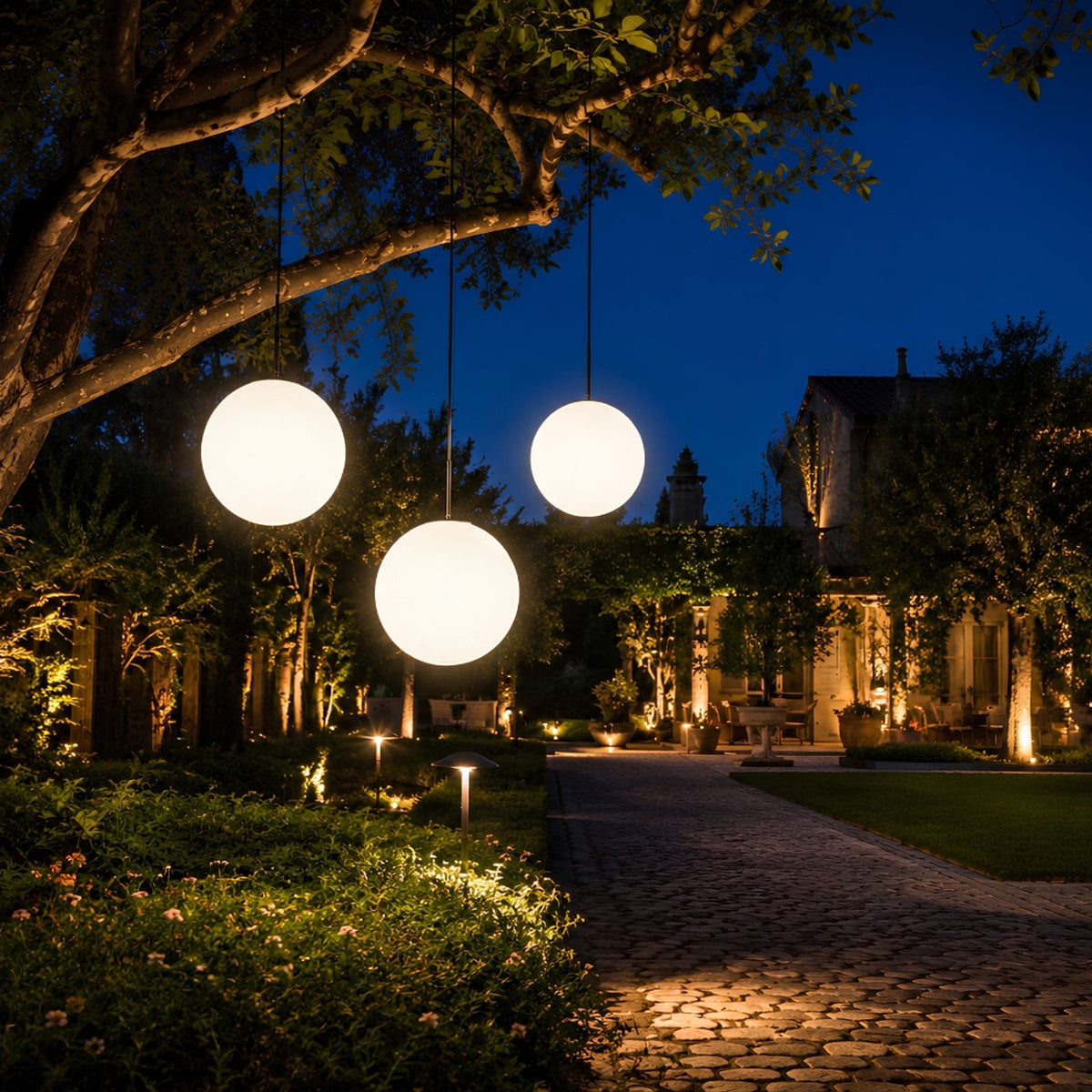 Trois sphères lumineuses suspendues au-dessus d'un chemin pavé dans un jardin