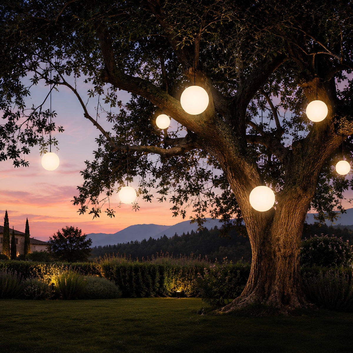 Plusieurs globes lumineux suspendus aux branches d'un grand arbre au crépuscule