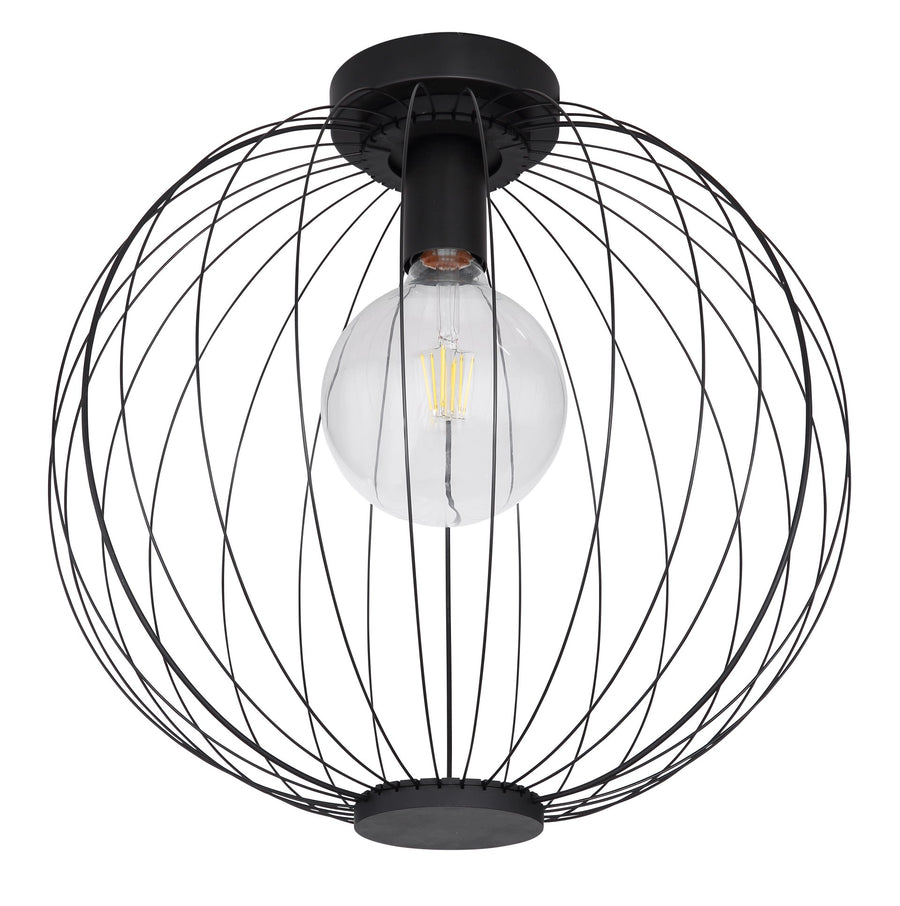 Vue de face du luminaire, cage sphérique noire et ampoule globe éteinte