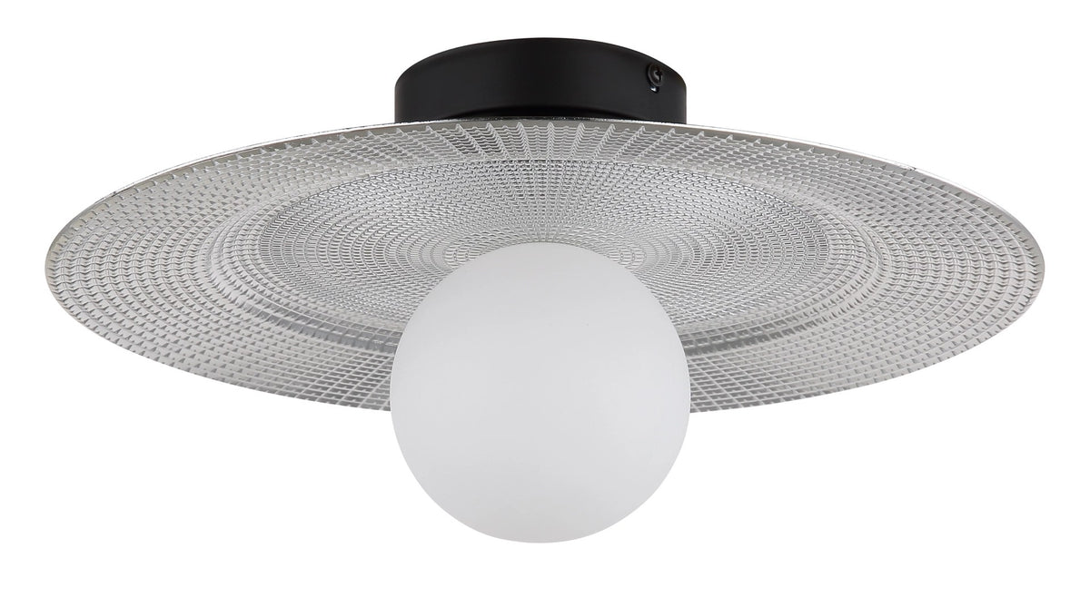 Profil du luminaire, globe blanc opaque et disque strié sous la base noire