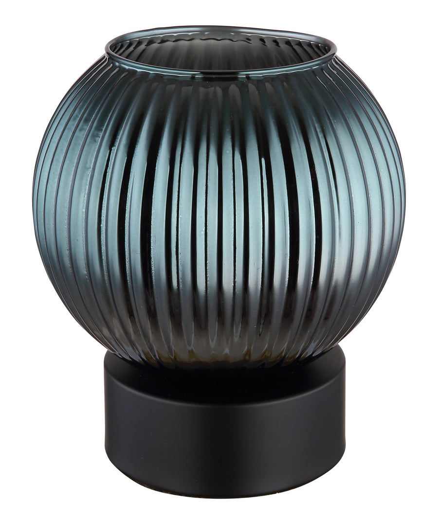 Vue de face éteinte, verre fumé bleu-gris translucide et socle noir mat cylindrique