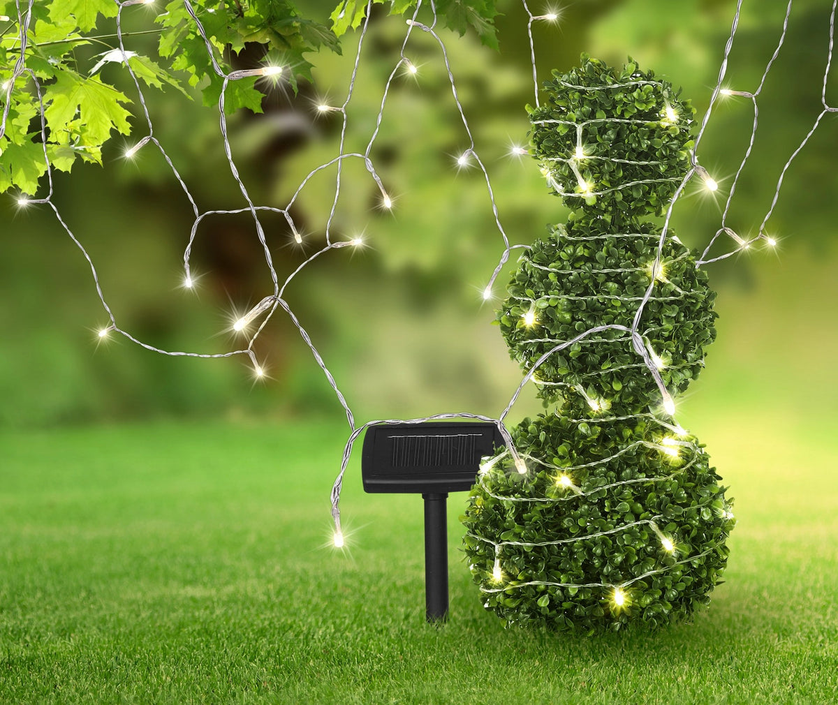 Mise en ambiance, guirlande solaire enroulée sur topiaire et branche, piquet planté dans pelouse