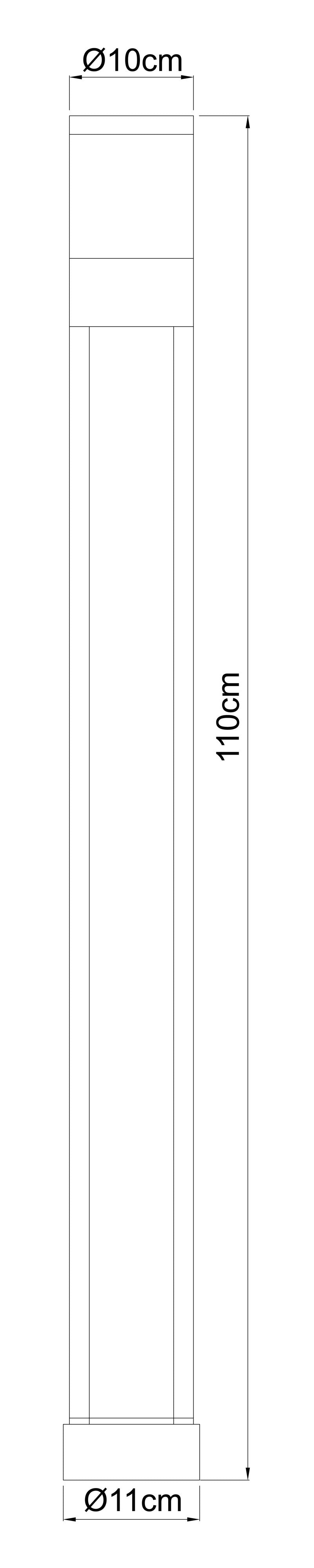 Schéma vertical de la borne indiquant 110 cm de hauteur et diamètres 10 et 11 cm.