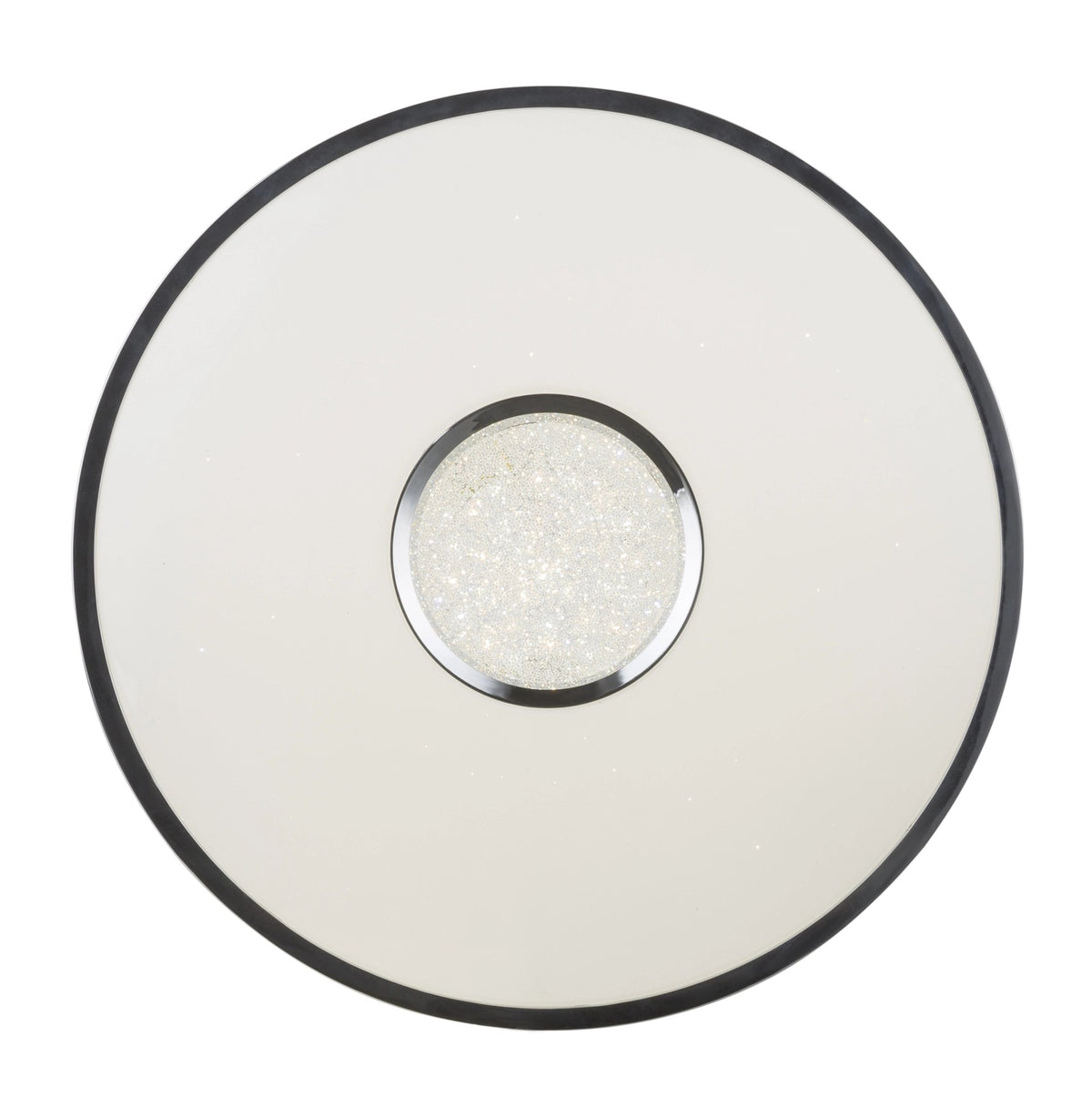 Vue de dessous du luminaire rond, large diffuseur ivoire et pastille centrale en cristal scintillant