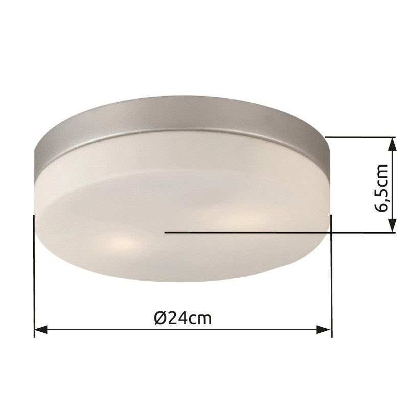 Photo cotée du plafonnier indiquant un diamètre de 24 cm et une hauteur de 6,5 cm