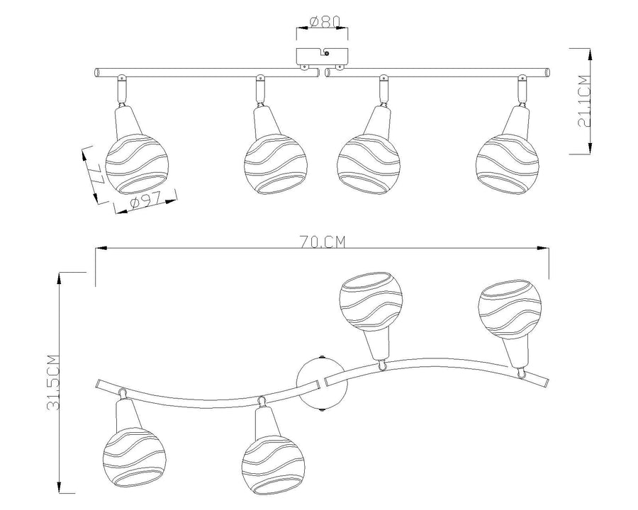 Schéma de dimensions indiquant 70 cm de large, 31,5 cm de haut et 21,1 cm.