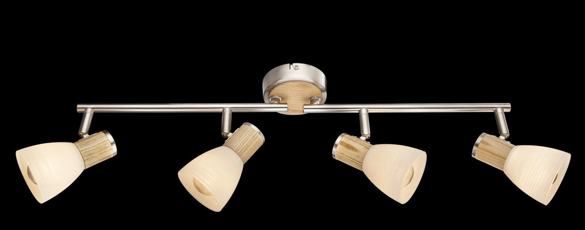 Présentation sur fond noir du luminaire, montrant la barre en nickel satiné et les quatre diffuseurs.