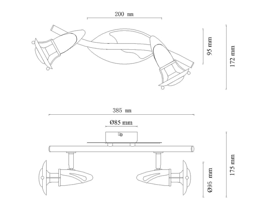 Schéma de dimensions du plafonnier avec mesures en millimètres et vue technique.