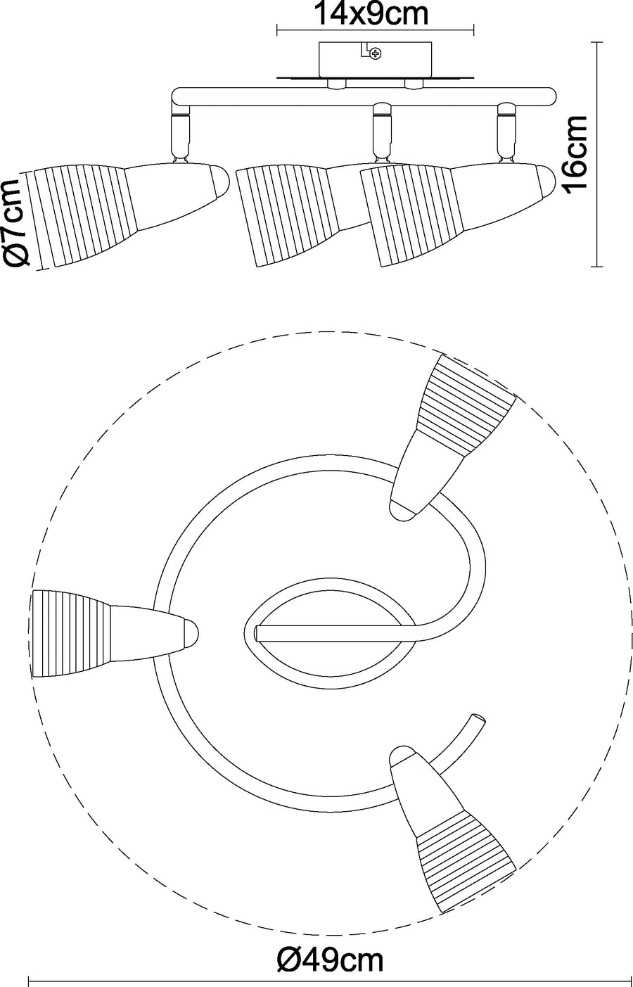 Schéma technique coté du plafonnier, diamètre 49 cm et hauteur 16 cm
