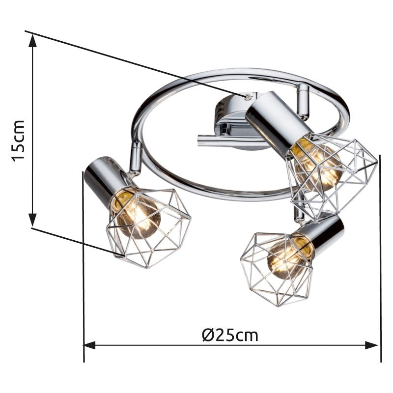 Schéma de dimensions du spot : hauteur 15 cm, diamètre 25 cm