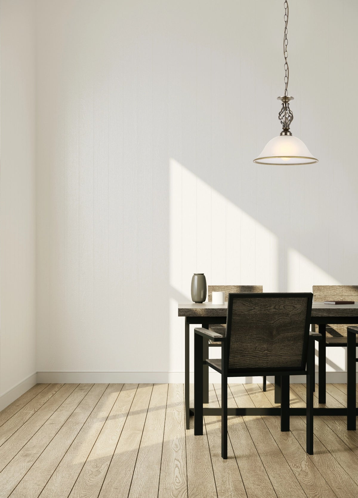 Mise en ambiance au-dessus d'une table en bois dans une pièce lumineuse.