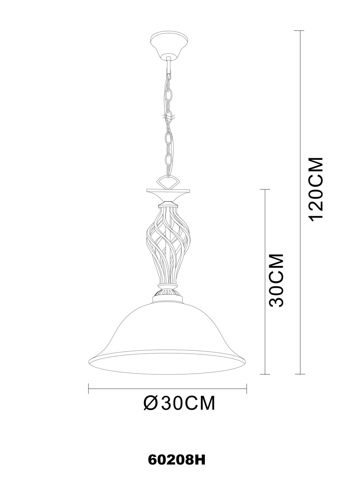 Schéma technique coté du luminaire avec hauteur totale et diamètre de l'abat-jour.