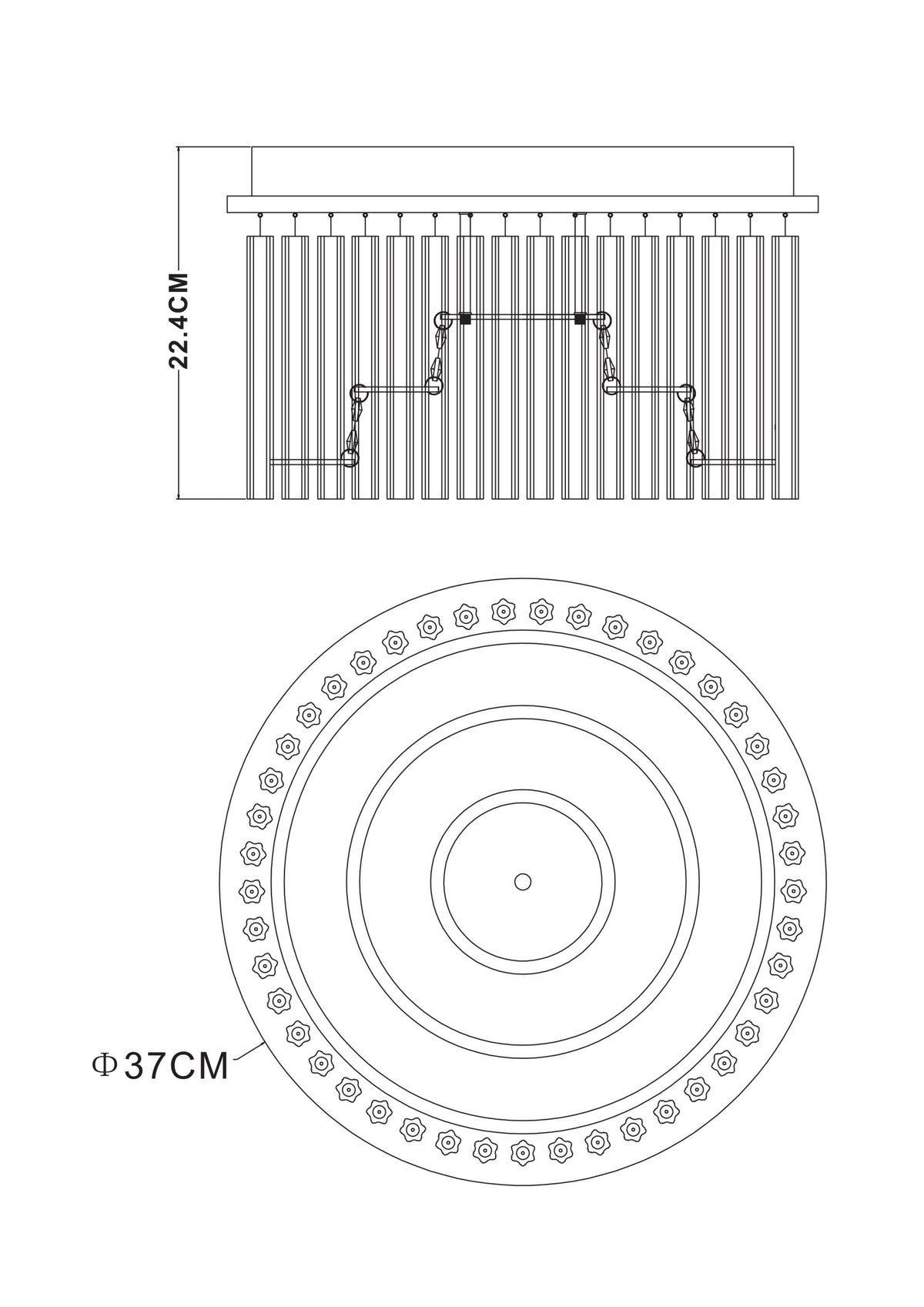 Schéma technique du plafonnier avec dimensions de hauteur et de diamètre.
