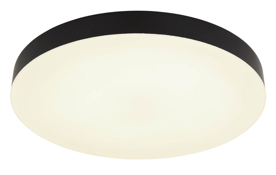 Vue rapprochée du plafonnier rond, cerclage noir mat et diffuseur opale allumé