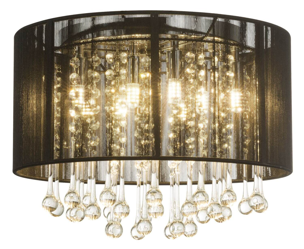 Luminaire rond en métal noir avec guirlandes de cristaux et gouttes suspendues, sur fond blanc.