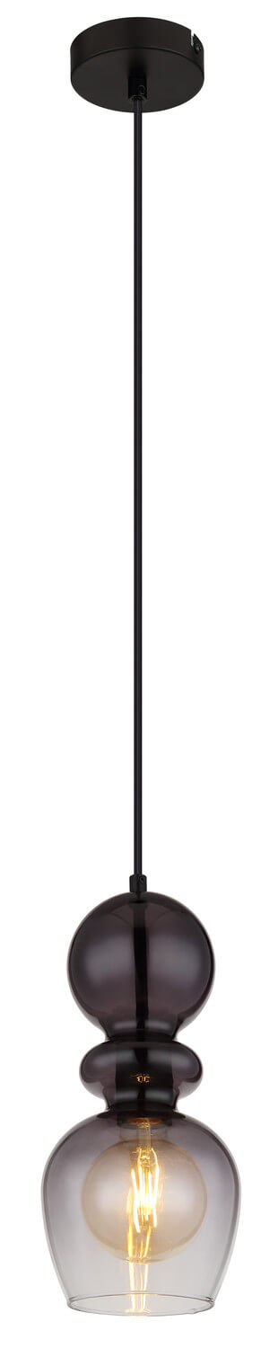 Vue de face du luminaire complet, câble et rosace noirs sur fond blanc