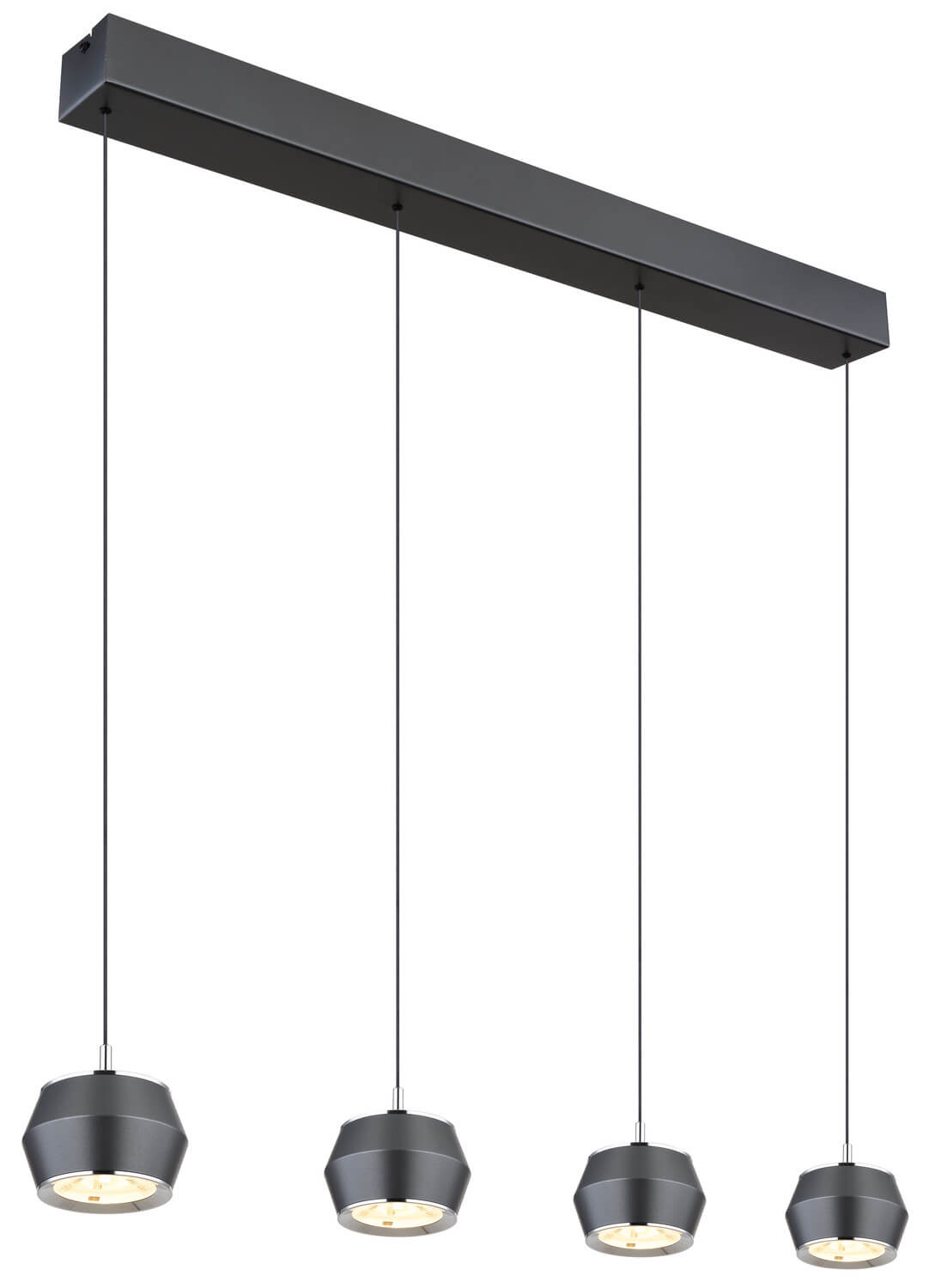 Vue en perspective du luminaire montrant le bandeau et les quatre suspensions fines