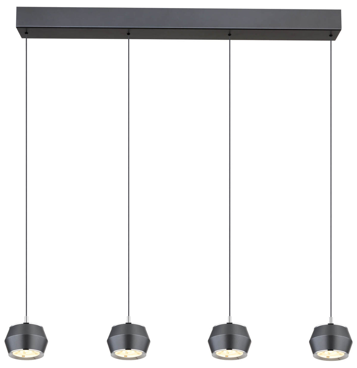 Luminaire photographié bien à plat, face avant, quatre diffuseurs éclairés alignés