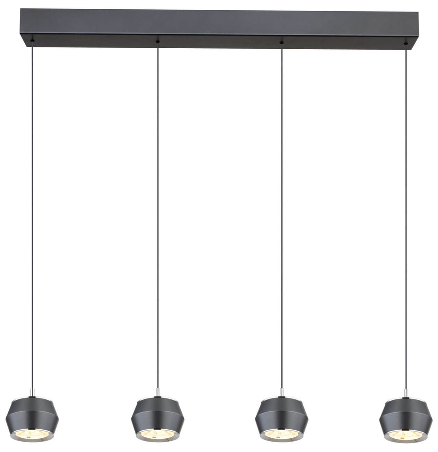 Luminaire photographié bien à plat, face avant, quatre diffuseurs éclairés alignés